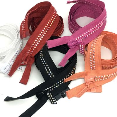 #5 #10 Auto-Lock Rhinestone Metal Zipper Open End Em Vermelho