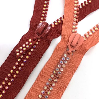 #5 #10 Auto-Lock Rhinestone Metal Zipper Open End Em Vermelho